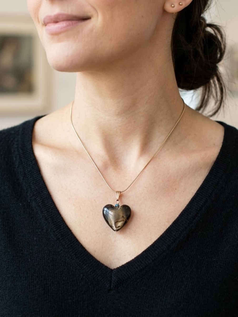 Bubble Glass Murano Glass Heart Pendant with Gold Veil